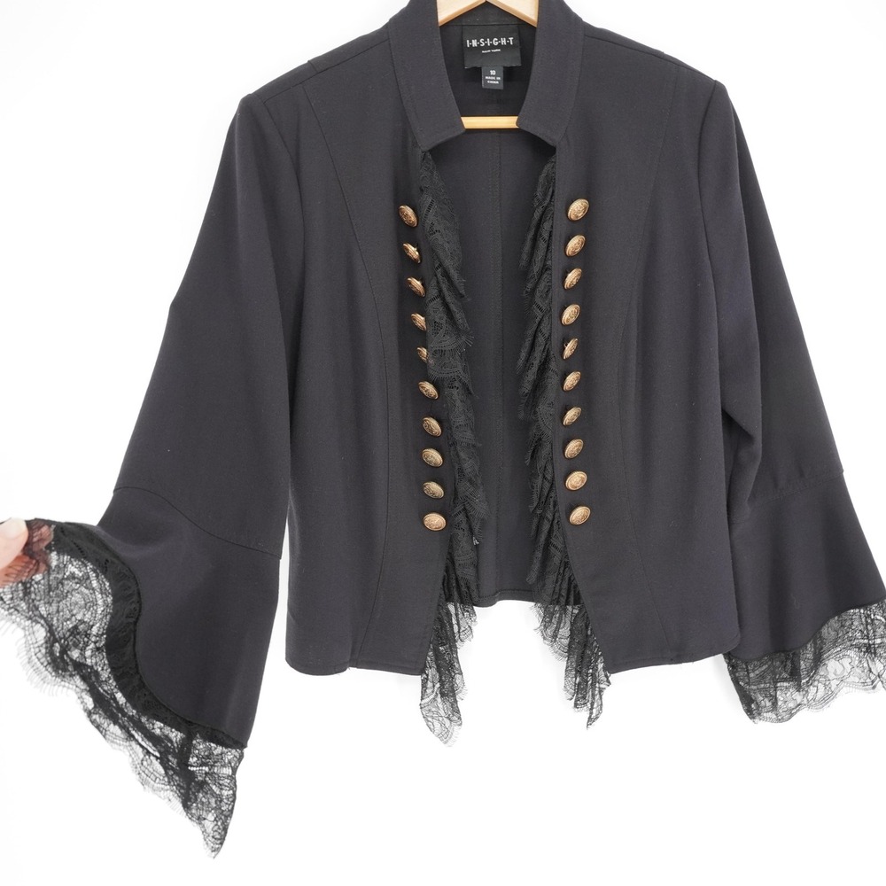 Insight Blazer Womens 10 Black Lace Trim Military Jacket Collared Steampunk